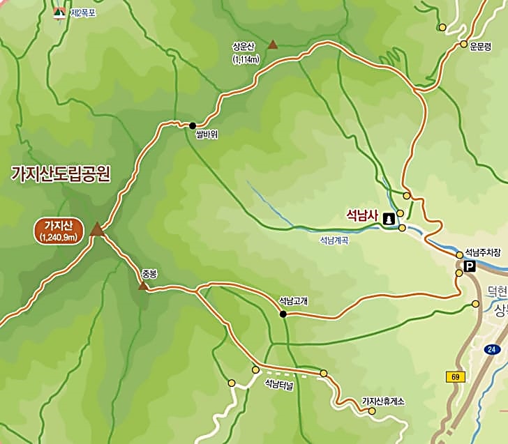 가지산-등산코스와-거점이-지도에-그려져-있다.