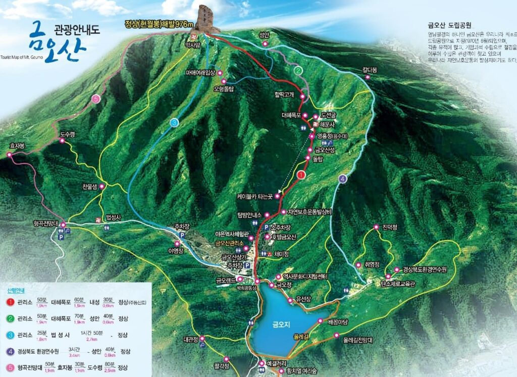 금오산-등산코스-및-명소가-지도에-표시되어-있다.