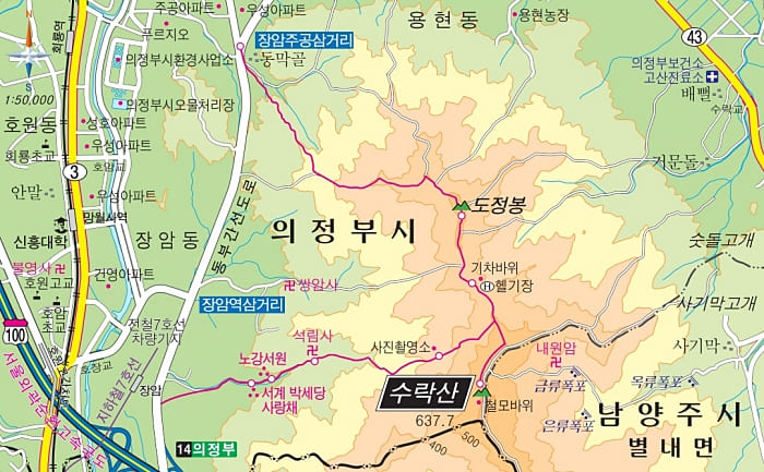 수락산-및-주봉의-위치가-지도에-표시되어-있다.