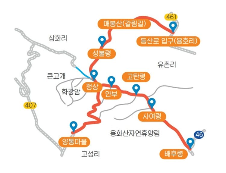 용화산-주요-명소와-이동구간이-그림지도로-그려져-있다.