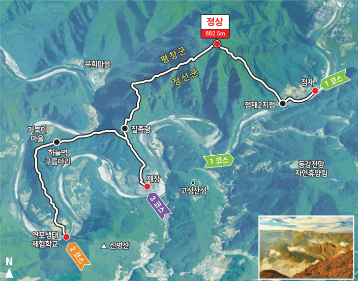 정선-방면-백운산-등산코스-루트가-지도에-그려져-있다.