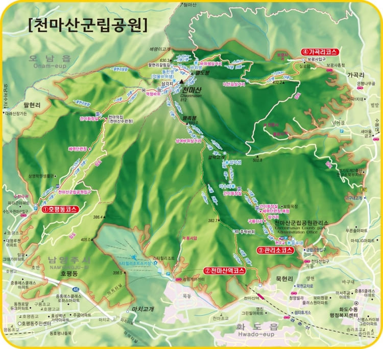 지도에-천마산-등산코스가-표시되어-있다.