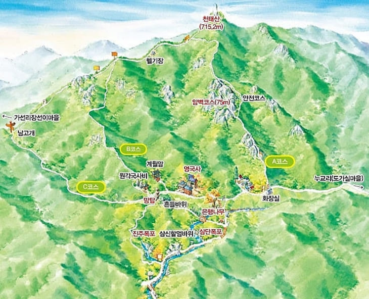 천태산-등산코스가-지도-위에-그려져-있다.