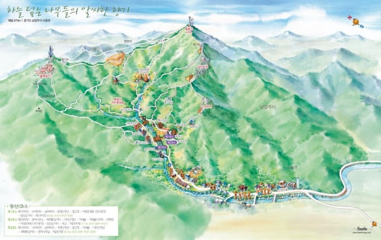 축령산-등산코스-및-명소가-지도-위에-표시되어-있다.