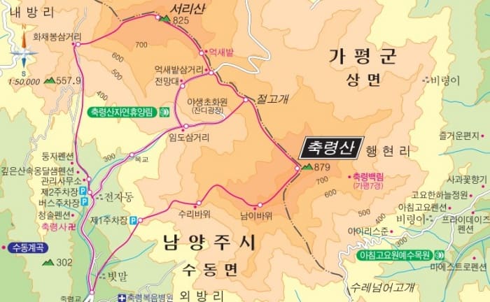 축령산이-있는-남양주시와-가평군-경계-부근의-지도