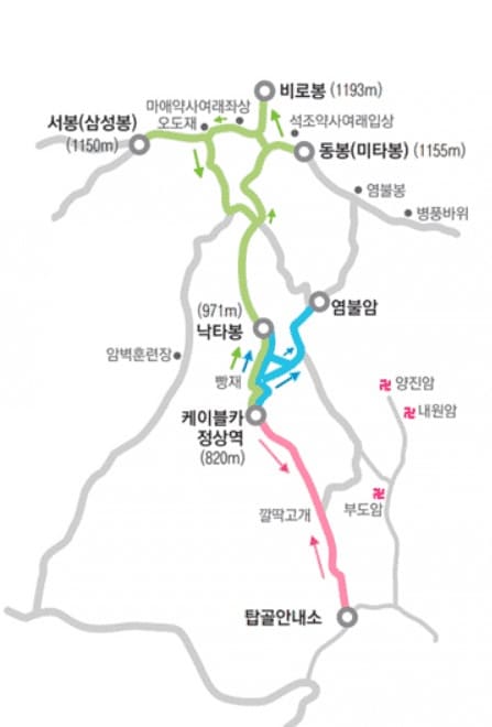 팔공산-케이블카-정상역-부근의-등산코스가-그려져-있다.