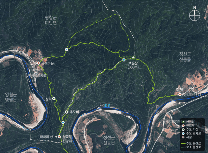 평창-방면의-백운산-등산코스가-지도에-그려져-있다.