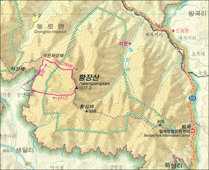 지도에-황장산-등산코스가-그려져-있다.